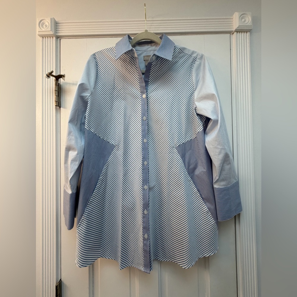 Chico's Blue and White Striped Button-Down Shirt